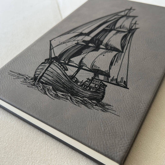 Pirate Ship | Leather Engraved Lined Journal-Gray