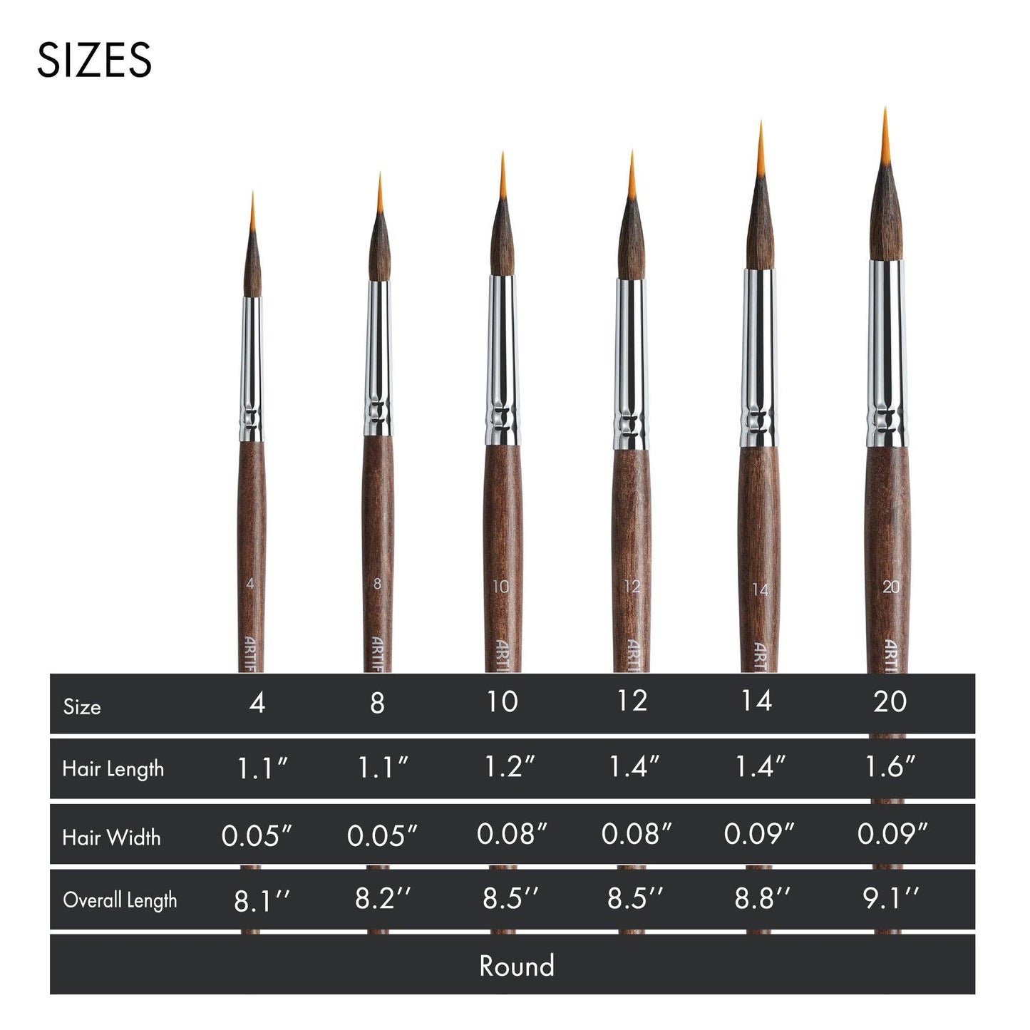 ARTIFY Extended Needle Point Sable & Nylon Hybrid Watercolor Brush 6 PCS Set, Expert Series