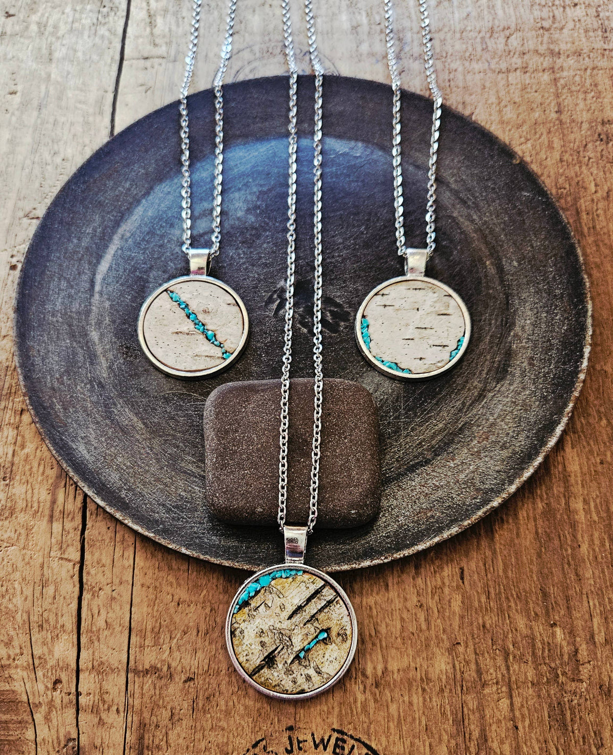 Turquoise Birch Bark Necklace | Steel Circle