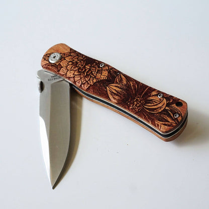 Floral Engraved Rosewood Pocket Knife