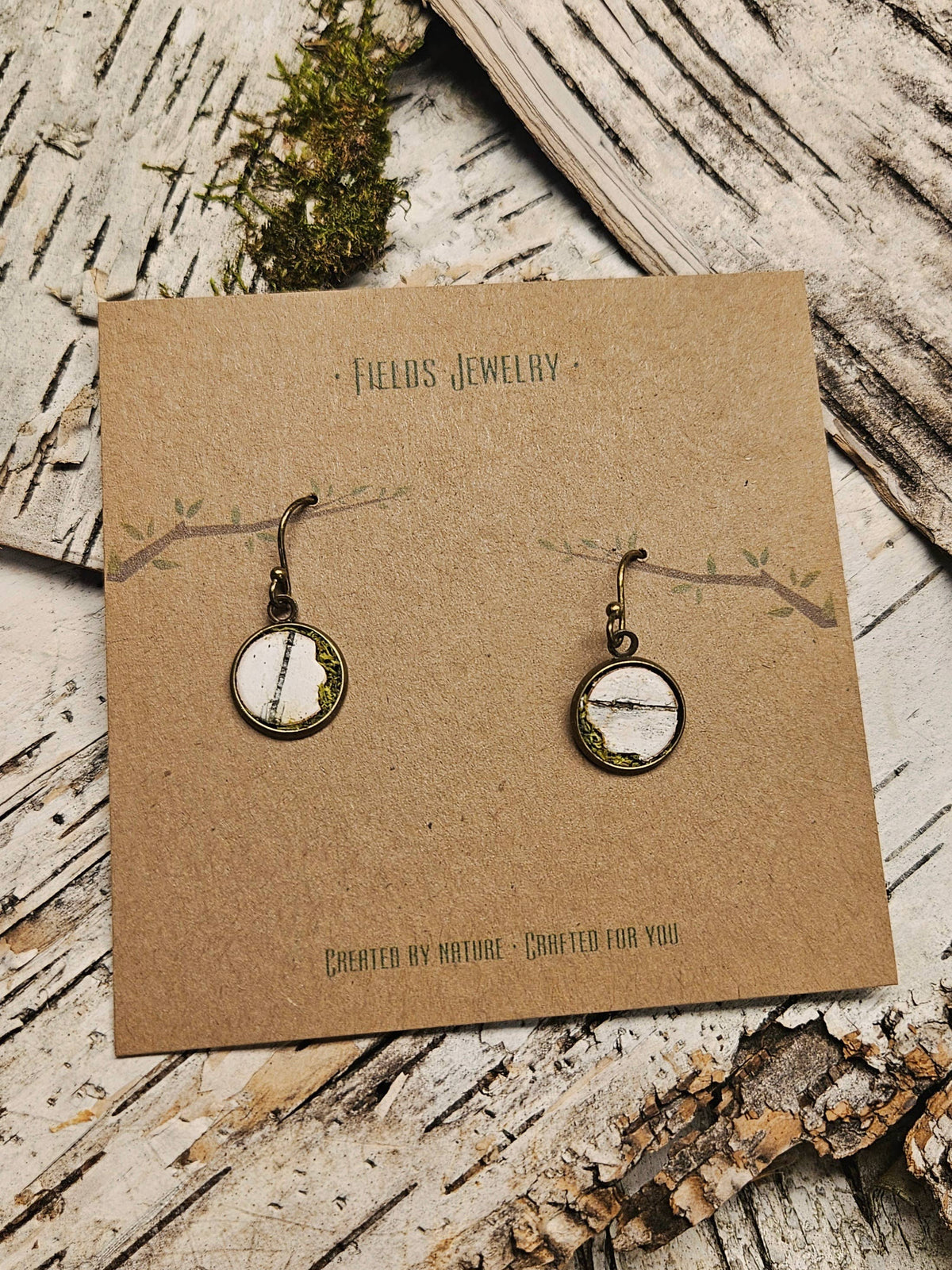 Mossy Birch Bark Bronze Dangle Earrings | Botanical Nature