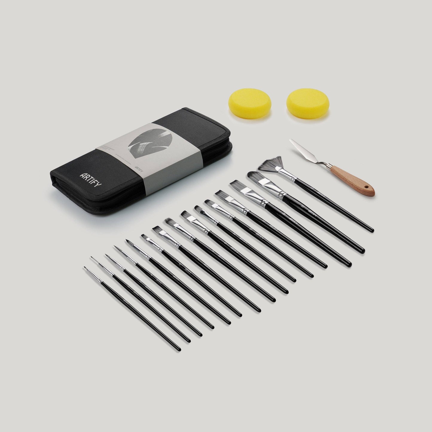 ARTIFY 15 PCS Nylon Paint Brush Set with Palette Knife & 2 Sponges, Intermediate Series