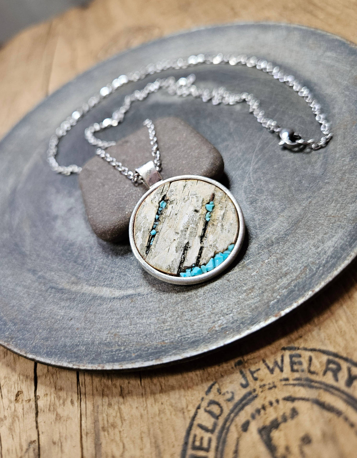Turquoise Birch Bark Necklace | Steel Circle
