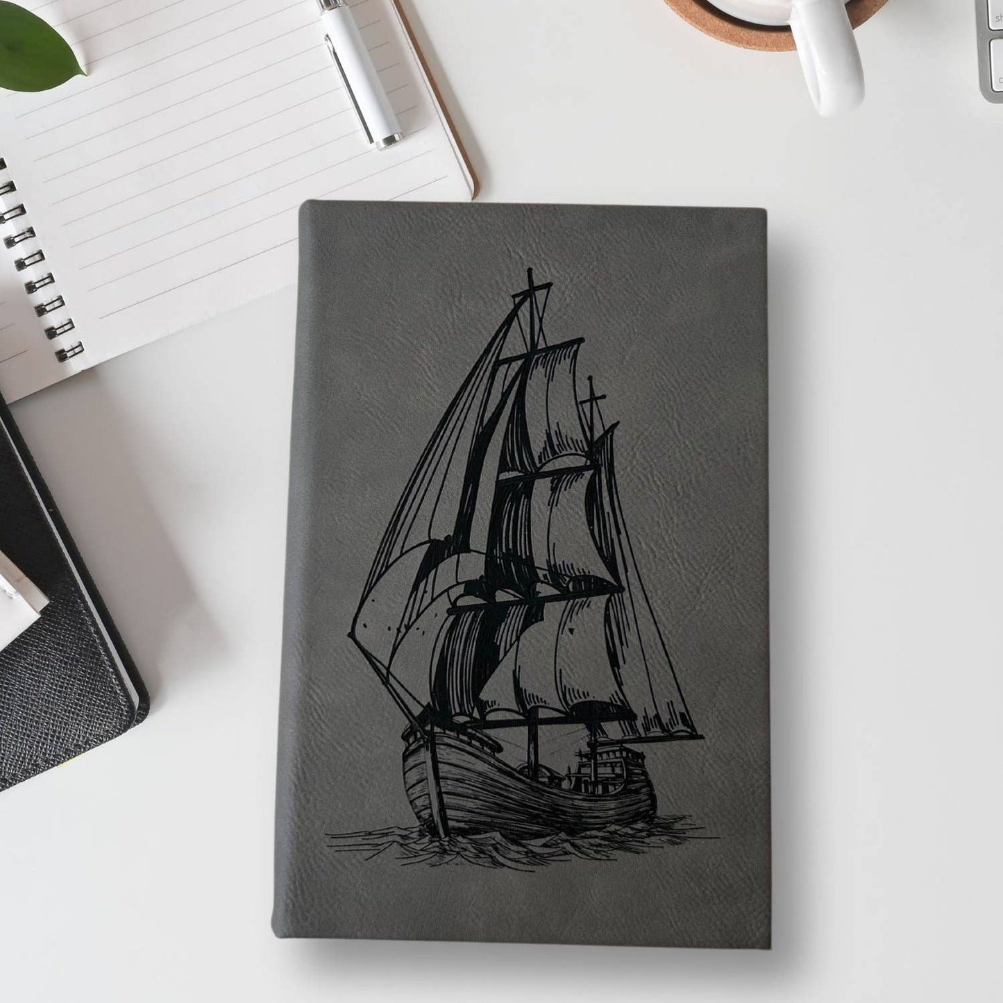 Pirate Ship | Leather Engraved Lined Journal-Gray
