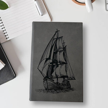 Pirate Ship | Leather Engraved Lined Journal-Gray