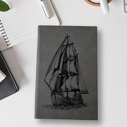 Pirate Ship | Leather Engraved Lined Journal-Gray