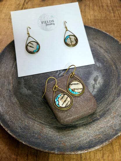 Bronze Birch Bark & Turquoise Dangle Earrings Nature