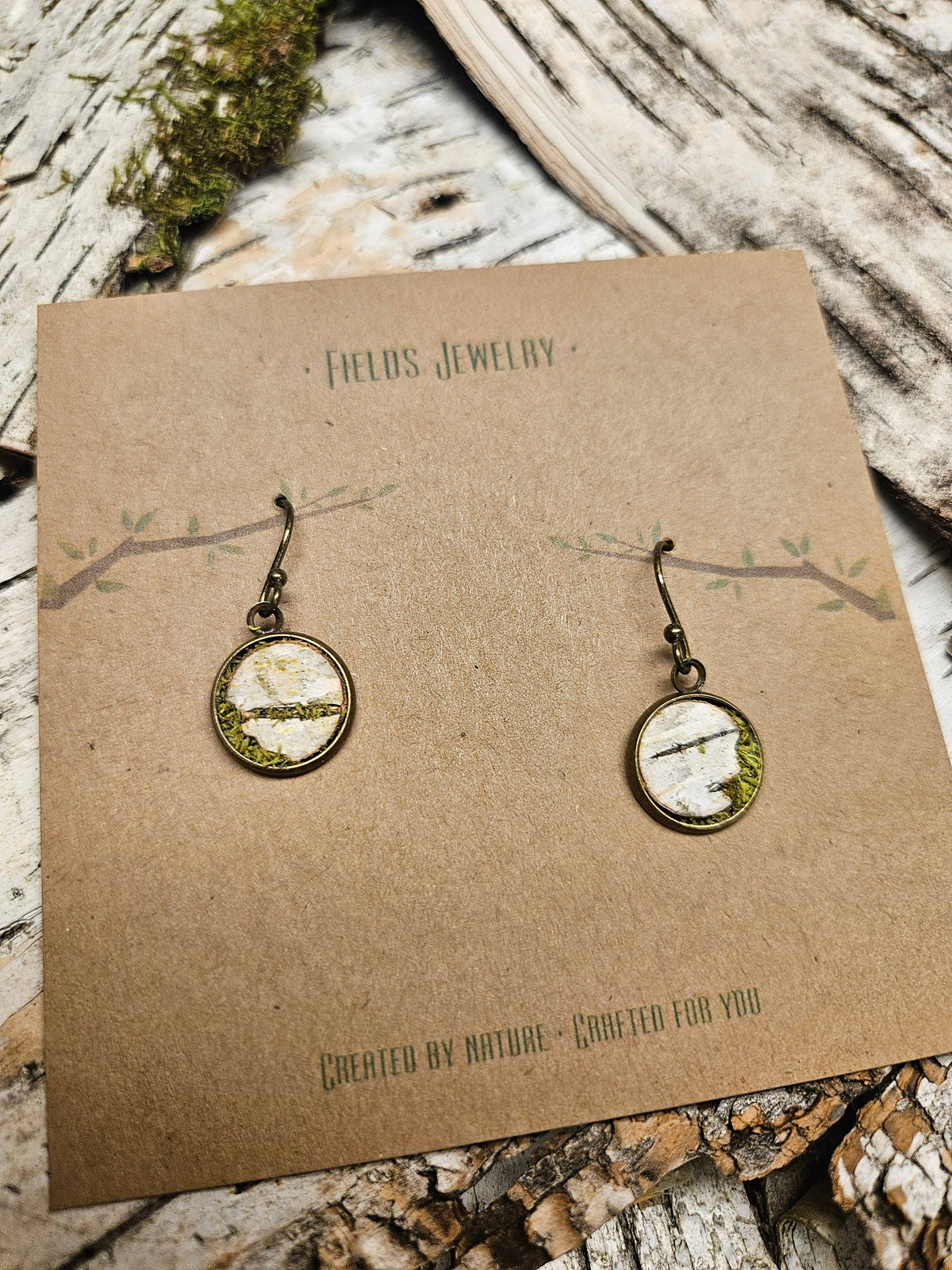 Mossy Birch Bark Bronze Dangle Earrings | Botanical Nature