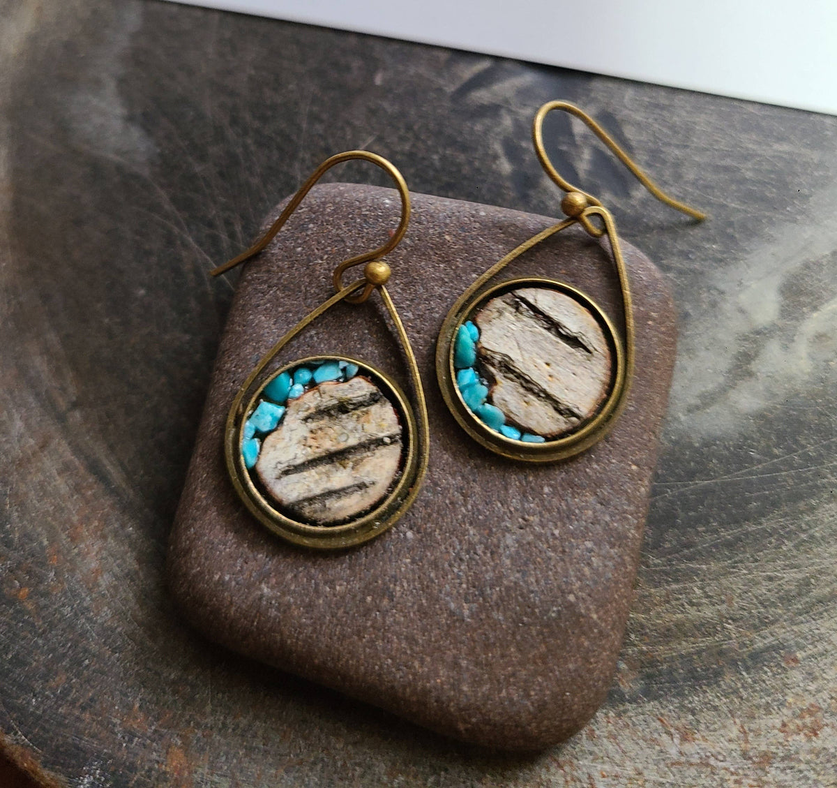 Bronze Birch Bark & Turquoise Dangle Earrings Nature