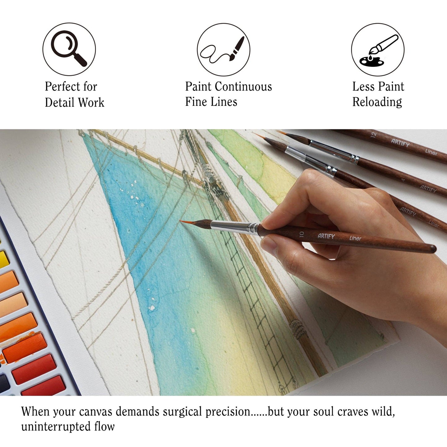 ARTIFY Extended Needle Point Sable & Nylon Hybrid Watercolor Brush 6 PCS Set,  Expert Series