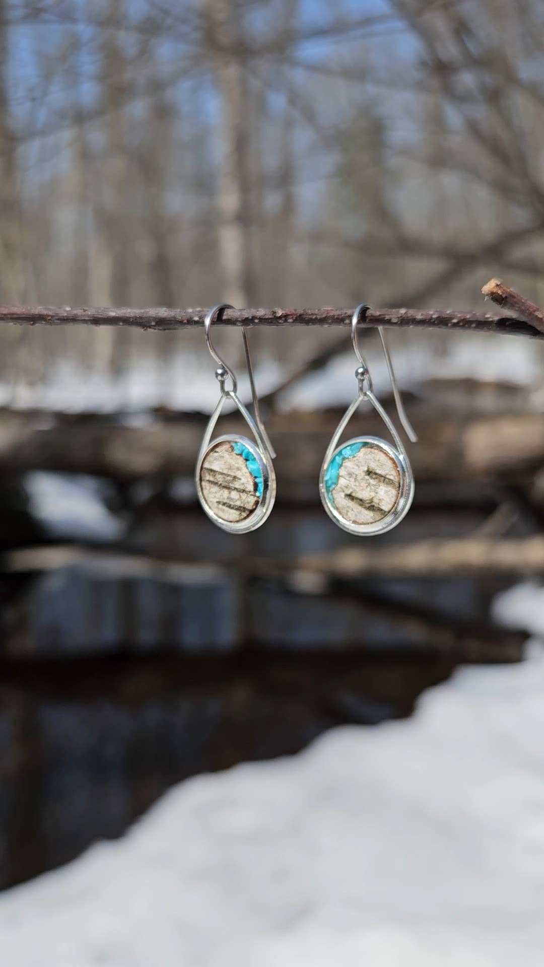 Stainless Steel Turquoise Birch Bark Dangle Earrings Nature