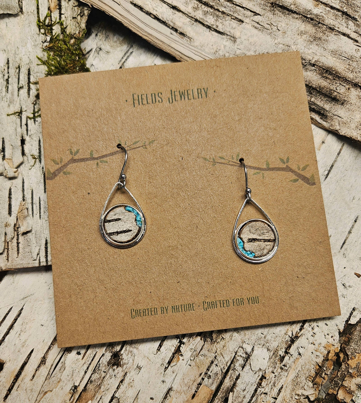 Stainless Steel Turquoise Birch Bark Dangle Earrings Nature