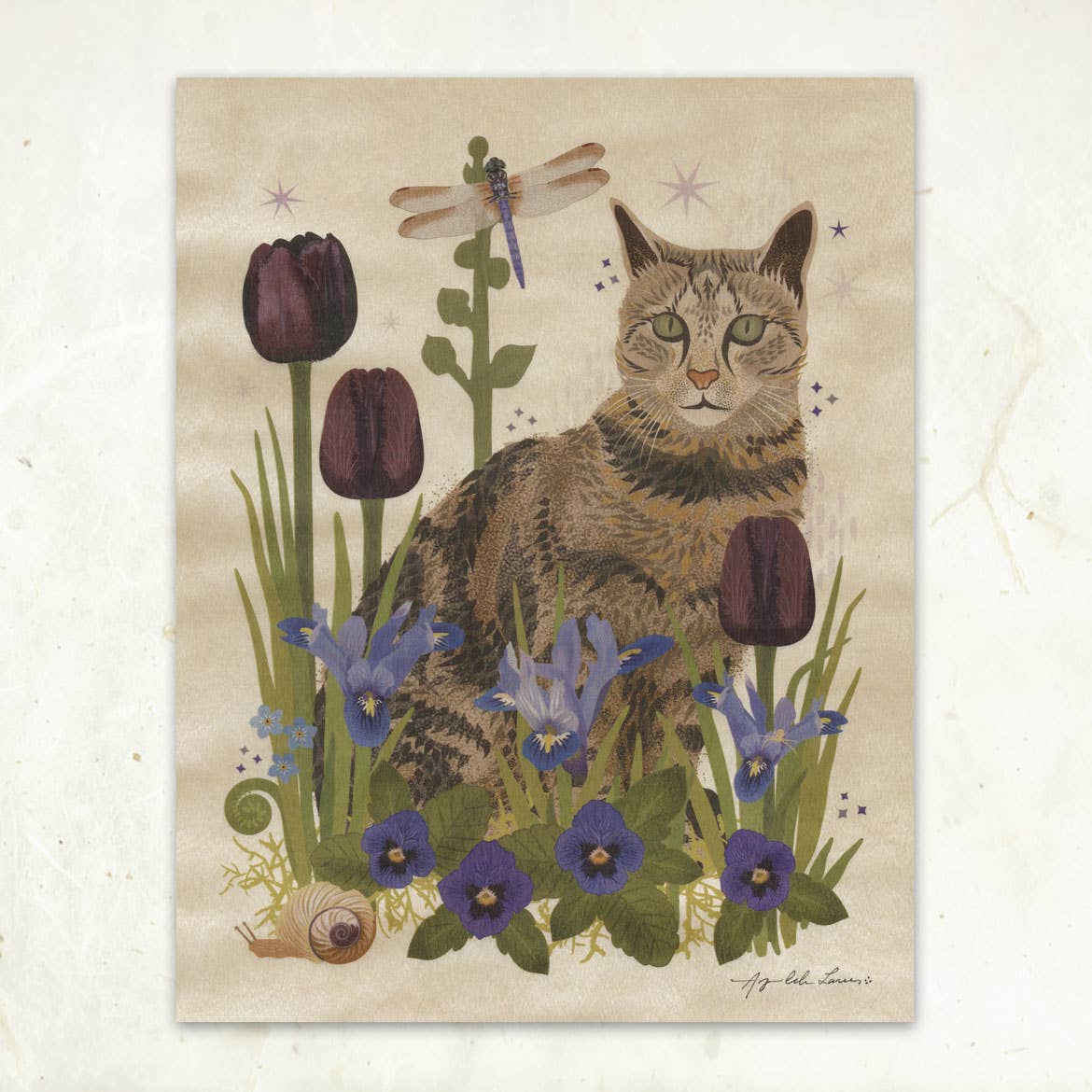 Tabby Cat & Dragonfly Small Wood Print