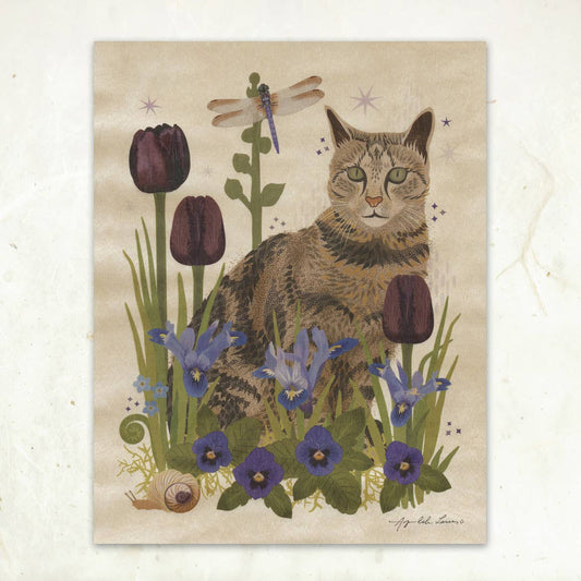 Tabby Cat & Dragonfly Small Wood Print