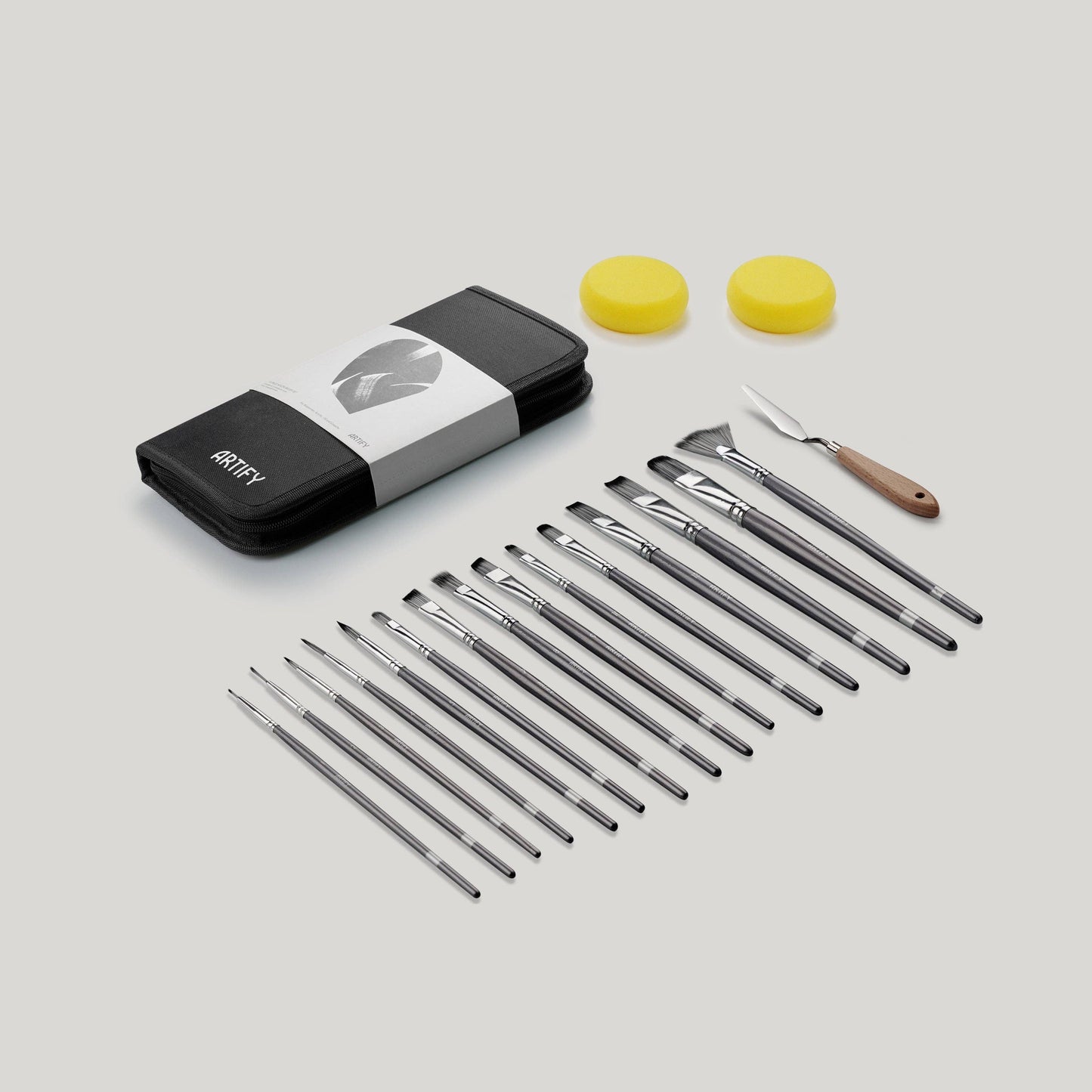 ARTIFY 15 PCS Nylon Paint Brush Set with Palette Knife & 2 Sponges, Intermediate Series