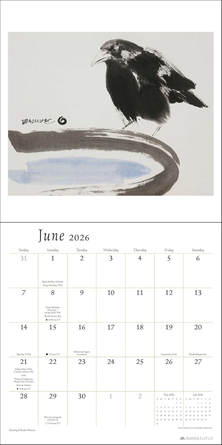 The Artful Crow 2026 Wall Calendar: Brush & Ink Watercolor Paintings by Endre Penovác