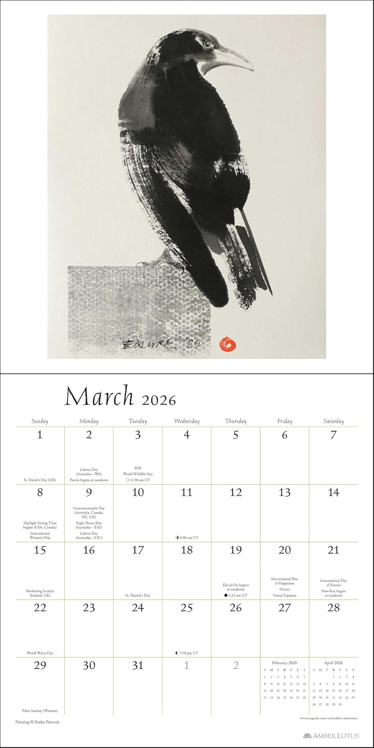 The Artful Crow 2026 Wall Calendar: Brush & Ink Watercolor Paintings by Endre Penovác