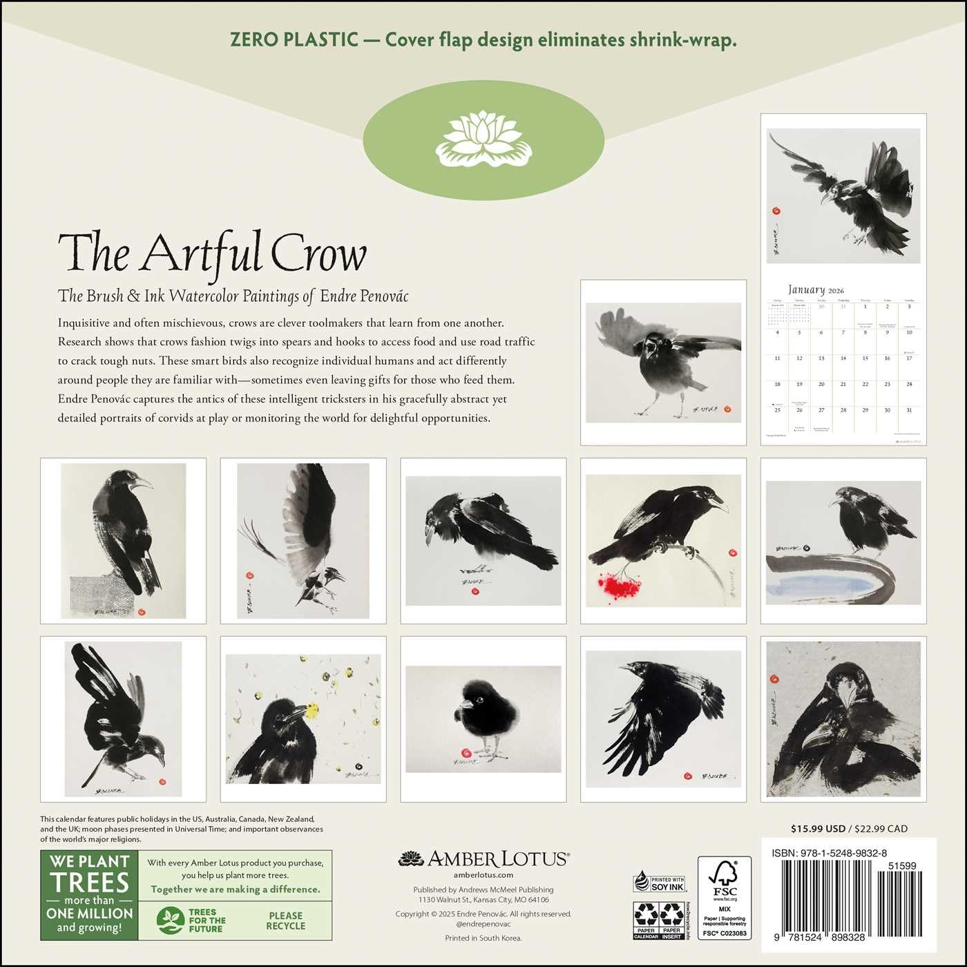 The Artful Crow 2026 Wall Calendar: Brush & Ink Watercolor Paintings by Endre Penovác