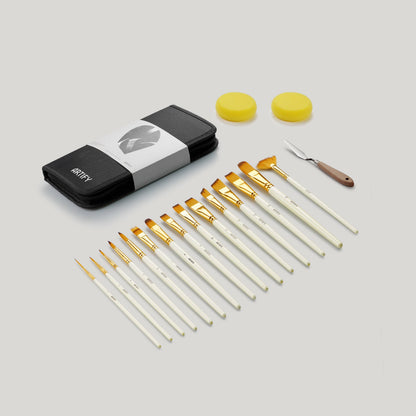 ARTIFY 15 PCS Nylon Paint Brush Set with Palette Knife & 2 Sponges, Intermediate Series