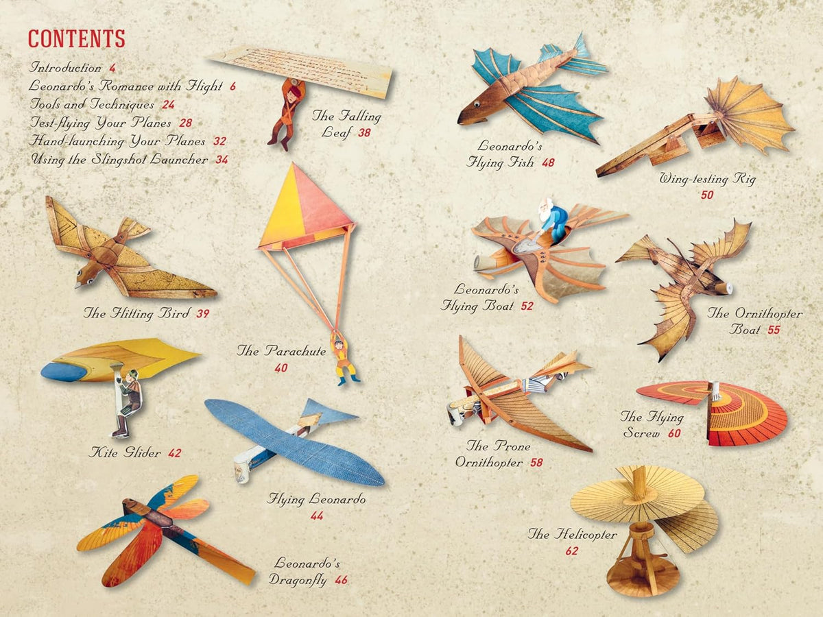 Leonardo Da Vinci's Flying Machines Kit: Paper Airplanes Based on the Great Master's Sketches That Really Fly! (13 Pop-Out Models; Easy-To-Follow Instructions; Slingshot Launcher)