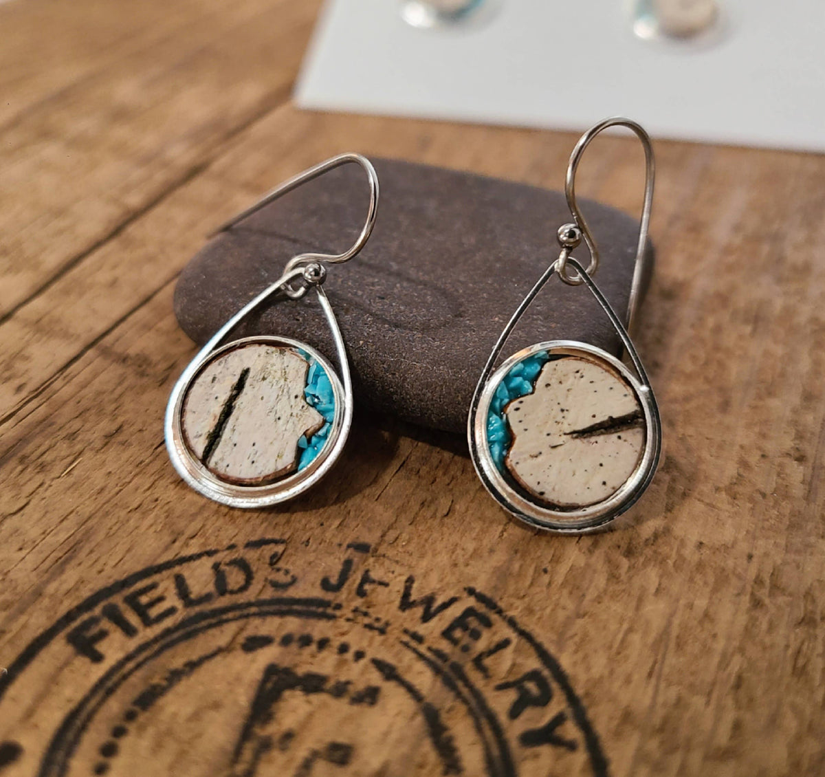 Stainless Steel Turquoise Birch Bark Dangle Earrings Nature