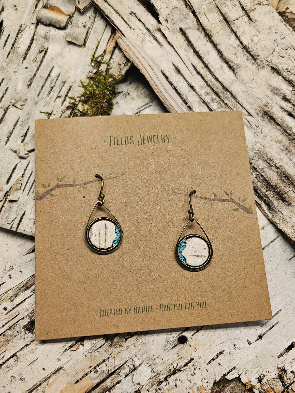 Bronze Birch Bark & Turquoise Dangle Earrings Nature