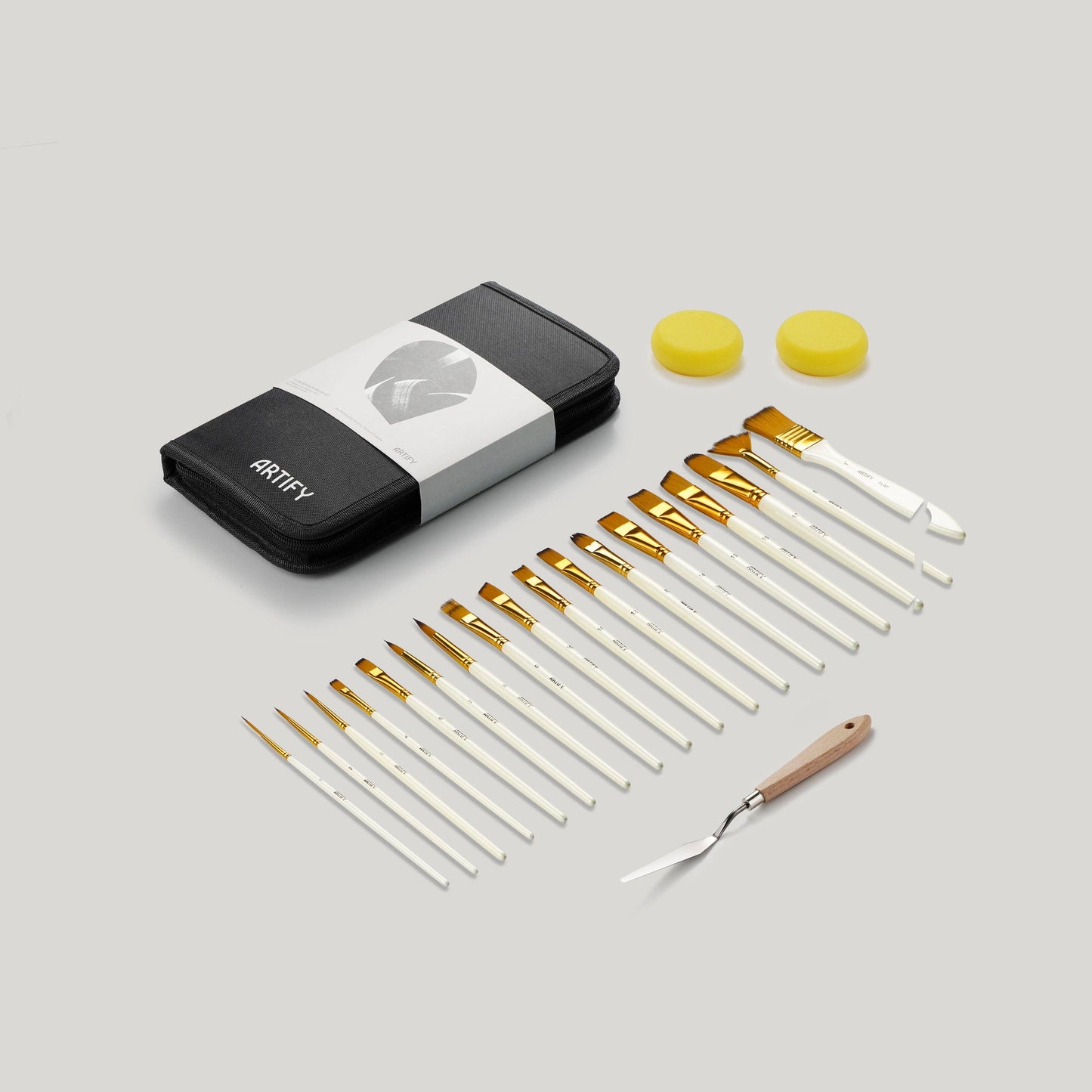 ARTIFY 15 PCS Nylon Paint Brush Set with Palette Knife & 2 Sponges, Intermediate Series