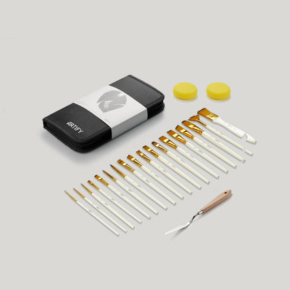 ARTIFY 15 PCS Nylon Paint Brush Set with Palette Knife & 2 Sponges, Intermediate Series