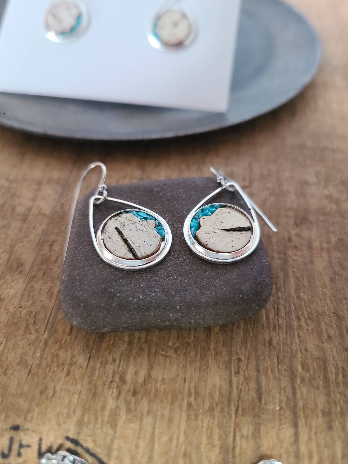Stainless Steel Turquoise Birch Bark Dangle Earrings Nature