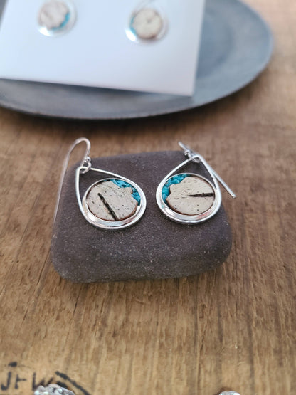Stainless Steel Turquoise Birch Bark Dangle Earrings Nature