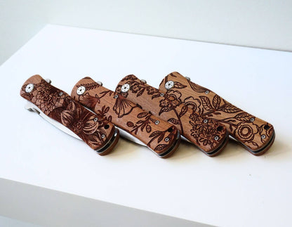 Floral Engraved Rosewood Pocket Knife