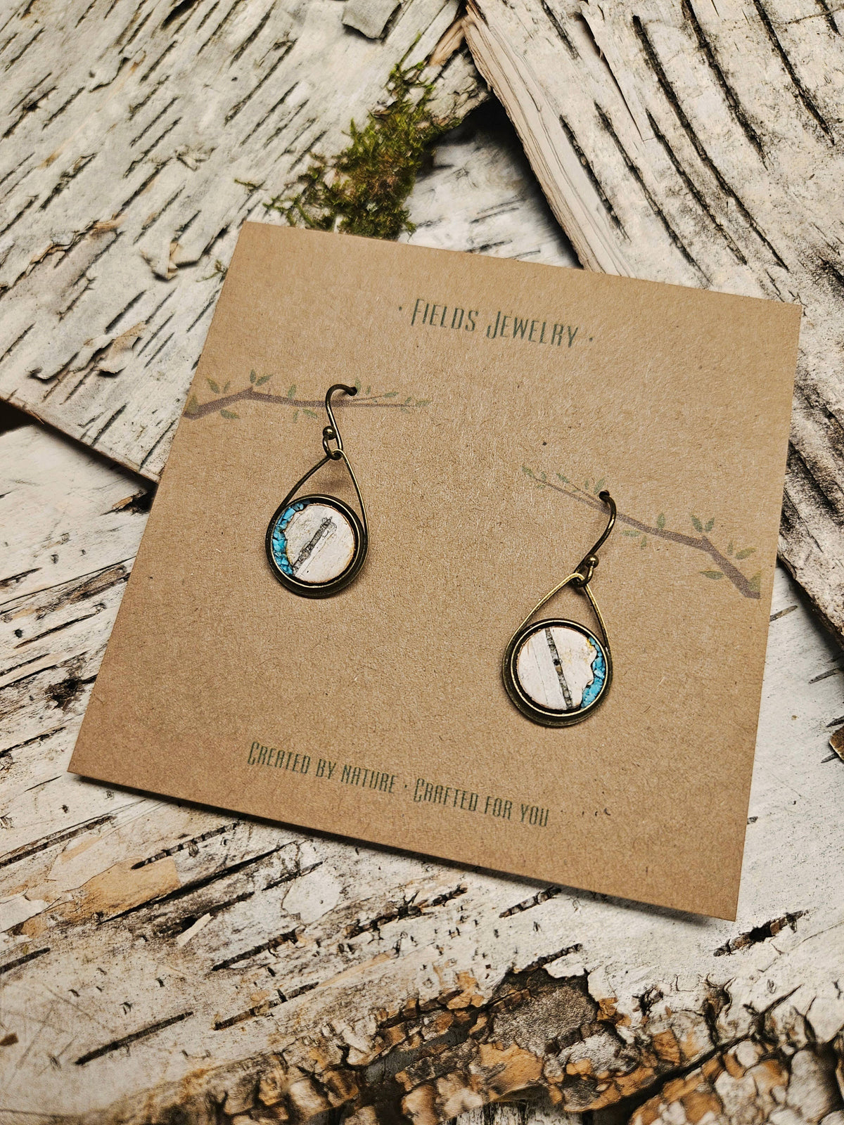 Bronze Birch Bark & Turquoise Dangle Earrings Nature
