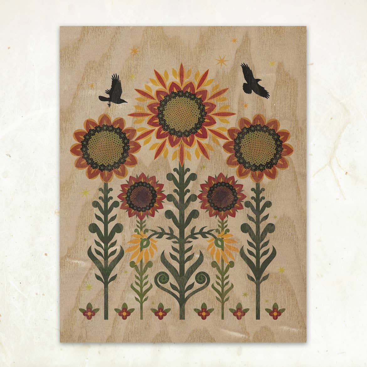 Sunflowers & Crows Small Wood Print-SALE!