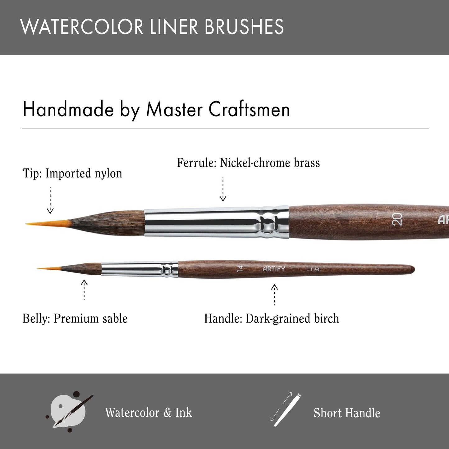 ARTIFY Extended Needle Point Sable & Nylon Hybrid Watercolor Brush 6 PCS Set,  Expert Series