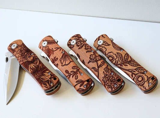 Floral Engraved Rosewood Pocket Knife
