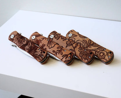Floral Engraved Rosewood Pocket Knife
